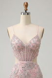 Blush bodycon korset met uitgesneden spaghettibandjes pailletten bloemige korte homecomingjurk