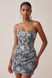 Grijs Bodycon strapless korset met gerimpelde pailletten en bloemen korte homecomingjurk