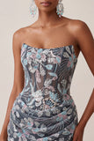 Grijs Bodycon strapless korset met gerimpelde pailletten en bloemen korte homecomingjurk