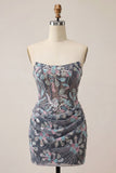 Grijs Bodycon strapless korset met gerimpelde pailletten en bloemen korte homecomingjurk