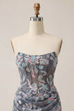 Grijs Bodycon strapless korset met gerimpelde pailletten en bloemen korte homecomingjurk