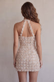 Champagne halter neck korte bodycon bloemen homecomingjurk met pailletten