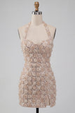 Champagne halter neck korte bodycon bloemen homecomingjurk met pailletten