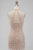 Champagne halter neck korte bodycon bloemen homecomingjurk met pailletten