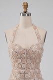 Champagne halter neck korte bodycon bloemen homecomingjurk met pailletten