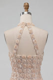 Champagne halter neck korte bodycon bloemen homecomingjurk met pailletten