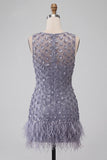 Stoffige lavendelkleurige ronde hals bodycon korte bloemen homecoming jurk met veer