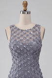 Stoffige lavendelkleurige ronde hals bodycon korte bloemen homecoming jurk met veer