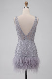 Stoffy lavendel bloemen V-hals bodycon korte homecomingjurk met veer