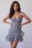 Bodycon Dusty Lavendel Bloemen Spaghetti Bandjes Korte Homecoming Jurk met ruches