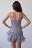 Bodycon Dusty Lavendel Bloemen Spaghetti Bandjes Korte Homecoming Jurk met ruches