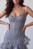 Bodycon Dusty Lavendel Bloemen Spaghetti Bandjes Korte Homecoming Jurk met ruches