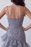 Bodycon Dusty Lavendel Bloemen Spaghetti Bandjes Korte Homecoming Jurk met ruches