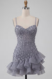 Bodycon Dusty Lavendel Bloemen Spaghetti Bandjes Korte Homecoming Jurk met ruches