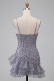 Bodycon Dusty Lavendel Bloemen Spaghetti Bandjes Korte Homecoming Jurk met ruches