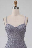 Bodycon Dusty Lavendel Bloemen Spaghetti Bandjes Korte Homecoming Jurk met ruches