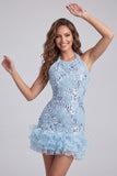 Halter neck hemelsblauwe bloemen met ruches Bodycon korte homecomingjurk met pailletten