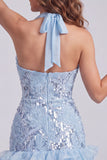 Halter neck hemelsblauwe bloemen met ruches Bodycon korte homecomingjurk met pailletten
