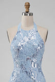 Halter neck hemelsblauwe bloemen met ruches Bodycon korte homecomingjurk met pailletten