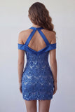 Koninklijk blauwe halter hals bodycon korte homecomingjurk met pailletten
