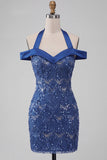 Koninklijk blauwe halter hals bodycon korte homecomingjurk met pailletten