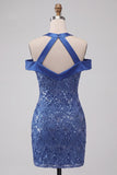 Koninklijk blauwe halter hals bodycon korte homecomingjurk met pailletten