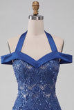 Koninklijk blauwe halter hals bodycon korte homecomingjurk met pailletten