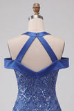 Koninklijk blauwe halter hals bodycon korte homecomingjurk met pailletten