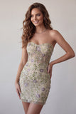 Sweetheart Dusty Sage Bodycon Floral Transparant Korset Korte Homecoming Jurk met kralen