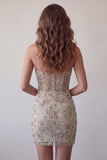 Sweetheart Dusty Sage Bodycon Floral Transparant Korset Korte Homecoming Jurk met kralen