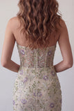Sweetheart Dusty Sage Bodycon Floral Transparant Korset Korte Homecoming Jurk met kralen