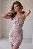 Strapless Bodycon Parel Bloemen Rimpelende Korte Homecoming Jurk met kralen