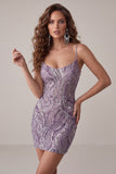 Lila bodycon spaghettibandjes korte homecomingjurk met pailletten