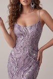 Lila bodycon spaghettibandjes korte homecomingjurk met pailletten
