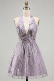 A-Line lila halter hals rugloze korte homecoming jurk met pailletten