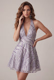 A-Line lila halter hals rugloze korte homecoming jurk met pailletten