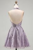 A-Line lila halter hals rugloze korte homecoming jurk met pailletten