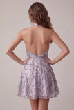 A-Line lila halter hals rugloze korte homecoming jurk met pailletten