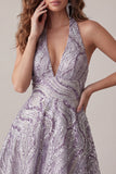 A-Line lila halter hals rugloze korte homecoming jurk met pailletten