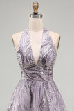 A-Line lila halter hals rugloze korte homecoming jurk met pailletten