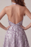 A-Line lila halter hals rugloze korte homecoming jurk met pailletten