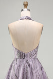 A-Line lila halter hals rugloze korte homecoming jurk met pailletten