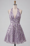 A-Line lila halter hals rugloze korte homecoming jurk met pailletten