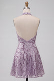 A-Line lila halter hals rugloze korte homecoming jurk met pailletten