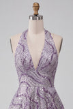 A-Line lila halter hals rugloze korte homecoming jurk met pailletten