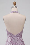 A-Line lila halter hals rugloze korte homecoming jurk met pailletten
