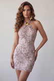 Fog Halter Neck Bodycon Parel Bloemen Korte Homecoming Jurk met kralen