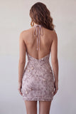Fog Halter Neck Bodycon Parel Bloemen Korte Homecoming Jurk met kralen