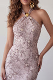 Fog Halter Neck Bodycon Parel Bloemen Korte Homecoming Jurk met kralen
