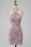Fog Halter Neck Bodycon Parel Bloemen Korte Homecoming Jurk met kralen